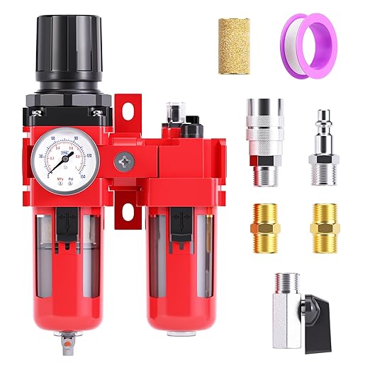 TAILONZ PNEUMATIC 1/2 Inch NPT Air Filter Pressure Regulator Water/Oil Trap Separator Combo(0-150PSI),Air Tool Compressor Filter with Gauge AC4010-04M(Manual Drainage)