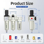 1/2" NPT Air Compressor Water Separator, Industrial Grade 3 Stage Air Drying System with 0-240 PSI Air Regulator, Particulate Filter, Coalescing Filter, Desiccant Dryer, Metal Bowl, Auto Drain