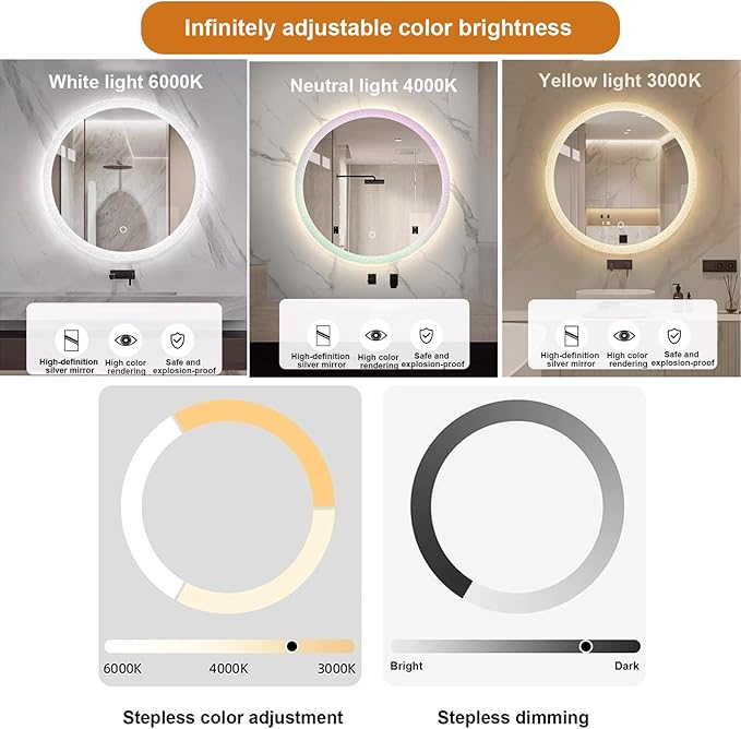 Round LED Bathroom Mirror, Wall Mounted Mirror with Demister Pad 3 Dimmable Color, Backlit Makeup Mirror, for Bathroom, Vanity, Bedroom(90cm/35.4in)