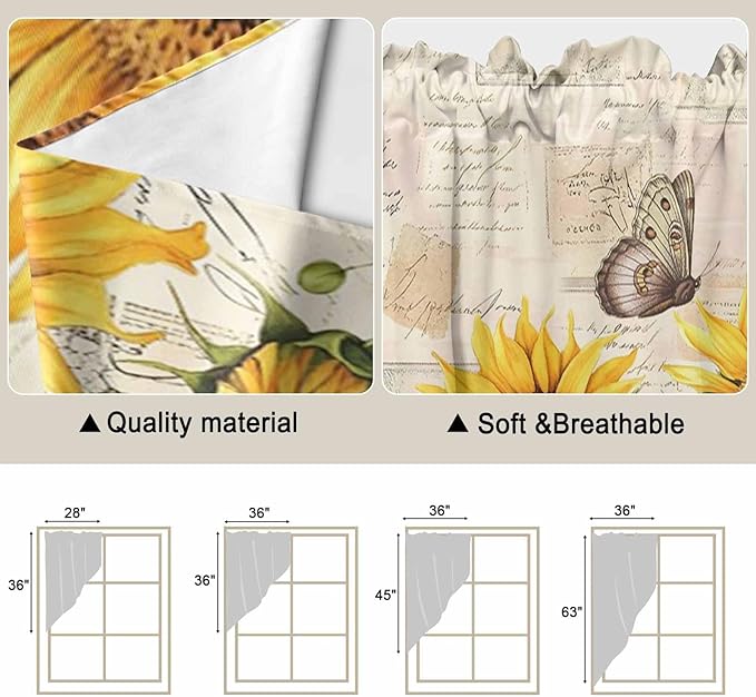 Yellow Sunflowers Swag Valances for Windows, Country Farm Butterfly Flower Light Beige Rod Pocket Kitchen Curtains Valance, Kitchen Window Curtains Swag for Cafe Living Room, 2 Panels, 36x63 inch