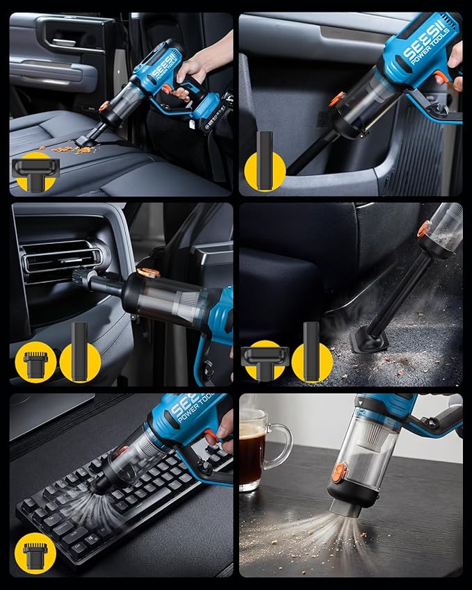 SEESII 3-in-1 Tire Inflator: Portable Air Compressor & Car Vacuum Cleaner & Led Work Light with 2×2000mAh Batteries, 21V Tire Air Pump 150PSI w/Digital Gauge+Auto-Shutoff for Ball/Motorcycle/Car/Home
