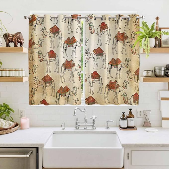 2 Panel Kitchen Cafe Curtains, Desert Sand Camel Sunlight Filtering Nature Air Through, Home Decor Window Covering Tier Curtains for Living Room 104W x 63L inch Summer Tropical Animals Vintage Beige