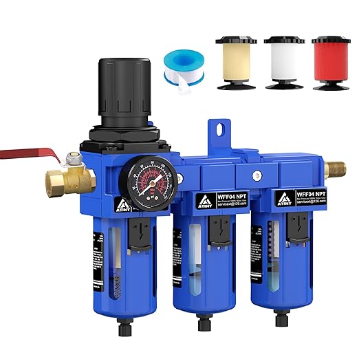 1/2" NPT Three Stage Air Drying System, 5 &0.5 &0.01 Micron Filter Cartridge,Semi-Auto Drain,Air Dryer System Air Compressor Filter Dryer, Metal Bracket-Blue