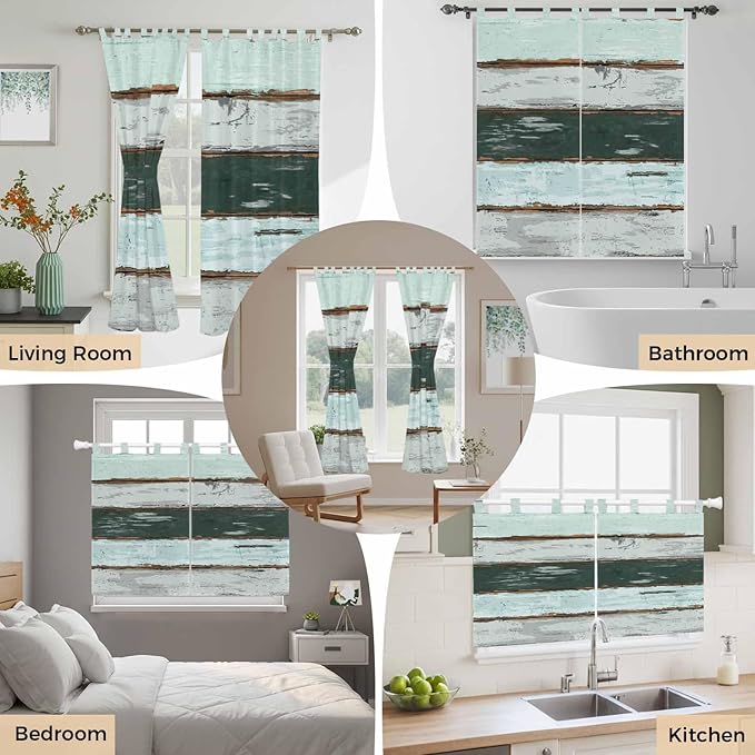 Blue Teal Kitchen Curtains 24 Inch Length, Small Window Curtains Tab Top, Vintage Wooden Retro Art Farmhouse Barns Light Filtering Short Window Treatments Tier Drapes 27.5"x24" 2 Panel