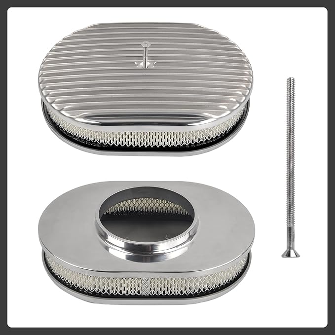 12" Air Cleaner Kit Polished Aluminum Classic Nostalgia Oval Fully Finned Compatible with Classic Chevy Ford 5-1/8” Carb Holley Edelbrock