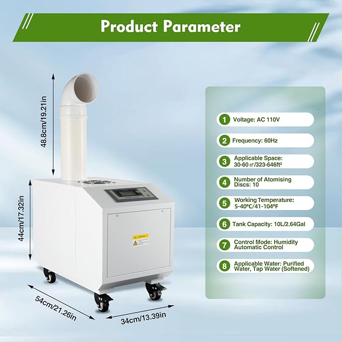 Agricultural Ultrasonic Humidifier, 110V 300W Agricultural Humidifier with 10 Atomizing Discs & 160m³/H Air Flow, Cool Mist Machine with Humidity Sensor and Water Filter for Warehouse Greenhouse