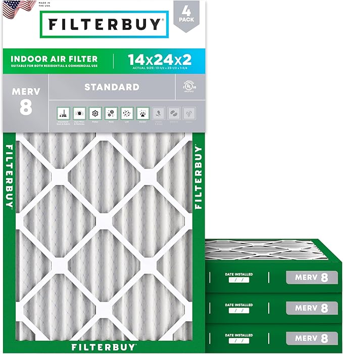 Filterbuy 14x24x2 Air Filter MERV 8 Essential Dust & Allergy Defense (4-Pack), Electrostatic Pleated HVAC AC Furnace Filters Replacement, Made in USA (Actual Size: 13.50 x 23.50 x 1.75)
