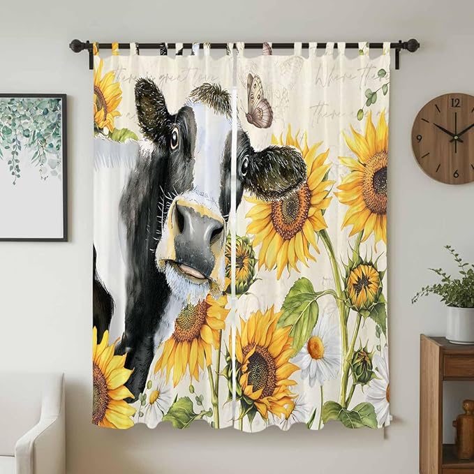Yellow Sunflowers Living Room Curtains 96 Inch Length, Window Curtains Tab Top, Country Cow Flower Butterfly Farmhouse Cream Light Filtering Window Treatments Drapes 52"x96" 2 Panel