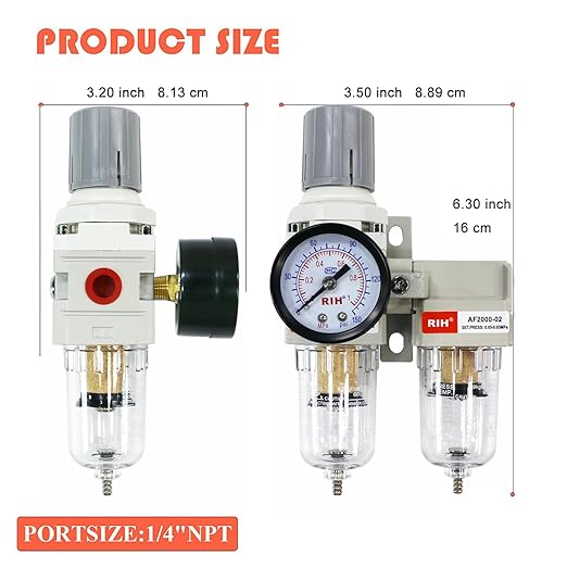 RIH Air Dryer System -1/4" NPT Double Air Filters-5 Micron Particulate Filter& Air Pressure Regulator - Gauge(0-150 psi), Semi-Auto Drain, Poly Bowl,Bracket - 3 in 1 Two Unit (1/4" NPT)