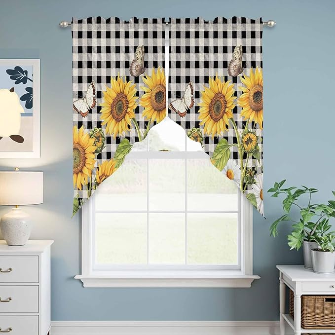 Sunflowers Swag Valances for Windows, Yellow Flowers Butterfly Farmhouse Black Plaid Rod Pocket Kitchen Curtains Valance, Kitchen Window Curtains Swag for Cafe Living Room, 2 Panels, 36x63 inch