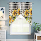 Sunflowers Swag Valances for Windows, Yellow Flowers Butterfly Farmhouse Black Plaid Rod Pocket Kitchen Curtains Valance, Kitchen Window Curtains Swag for Cafe Living Room, 2 Panels, 36x63 inch