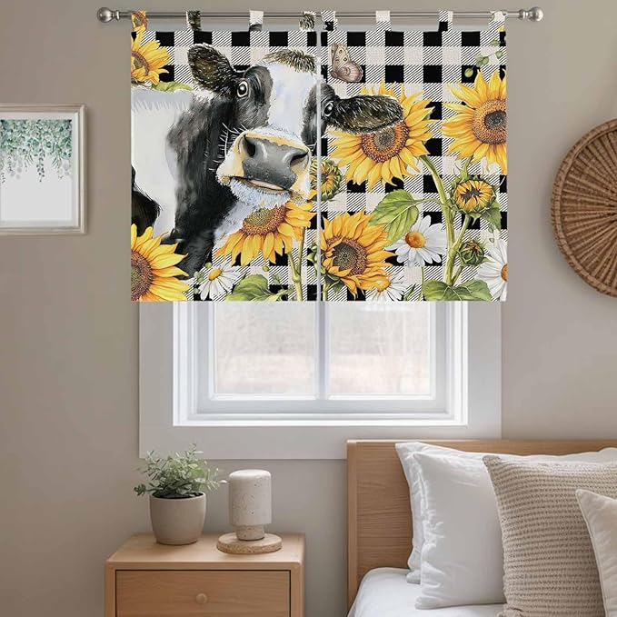 Retro Sunflowers Kitchen Curtains 45 Inch Length, Short Cafe Window Curtains Tab Top, Farmhouse Floral Cow Butterfly Black Plaid Light Filtering Window Treatments Tier Drapes 27.5"x45" 2 Panel