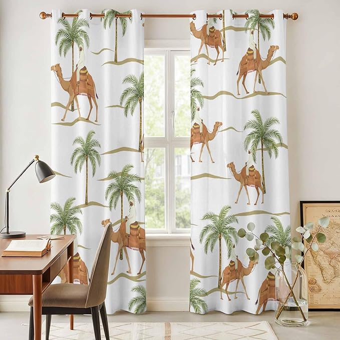 2 Panel Kitchen Cafe Curtains, Desert Camels Sunlight Filtering Nature Air Through, Home Decor Window Covering Tier Curtains for Bedroom Living Room 104W x 96L inch Tropical Date Palm Trees Animal