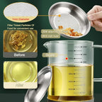 1L/35oz Glass Bacon Grease Container with Strainer, Cooking Oil Storage Can with Fine Mesh Filter and Scale, Lid and Easy-Grip Handle,Fat Separator for Storing Fats, Frying Oil and Cooking Grease