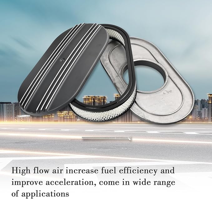 15" Black Aluminum Air Cleaner Assembly Kit Alloy Oval Partial Half Finned with Element