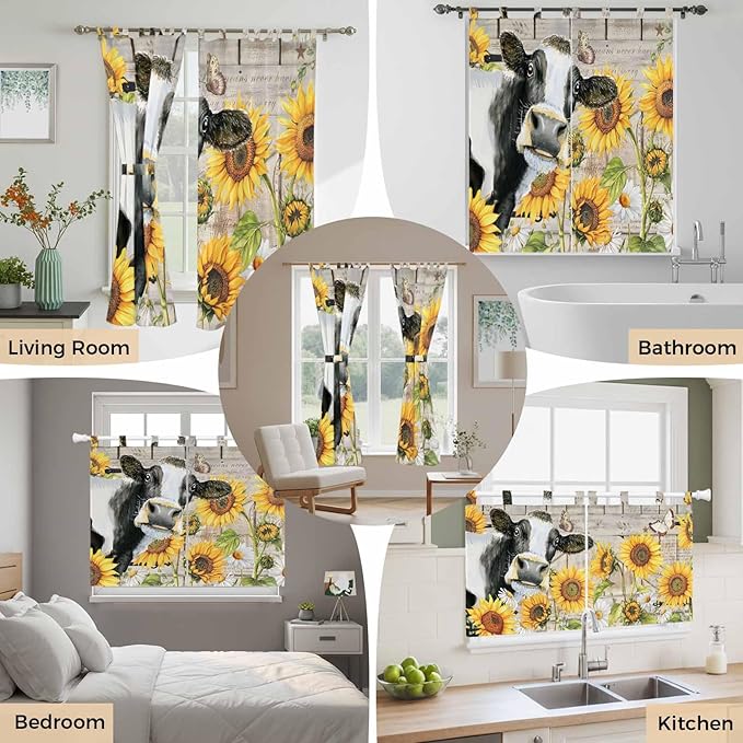 Yellow Sunflowers Bedroom Curtains 72 Inch Length, Window Curtains Tab Top, Farmhouse Cow Barn Doors Floral Butterfly Light Filtering Window Treatments Drapes 52"x72" 2 Panel