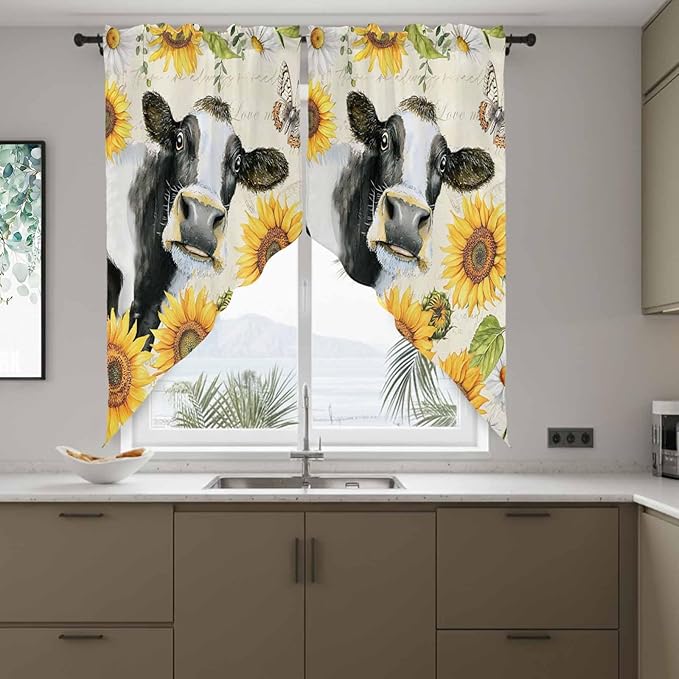 Yellow Sunflowers Swag Valances for Windows, Country Cow Flower Butterfly Farmhouse Cream Rod Pocket Kitchen Curtains Valance, Small Window Curtains Swag for Cafe Living Room, 2 Panels, 28x36 inch