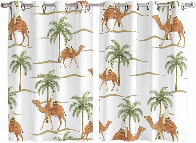 2 Panel Kitchen Cafe Curtains, Desert Camels Sunlight Filtering Nature Air Through, Home Decor Window Covering Tier Curtains for Bedroom Living Room 104W x 72L inch Tropical Date Palm Trees Animal