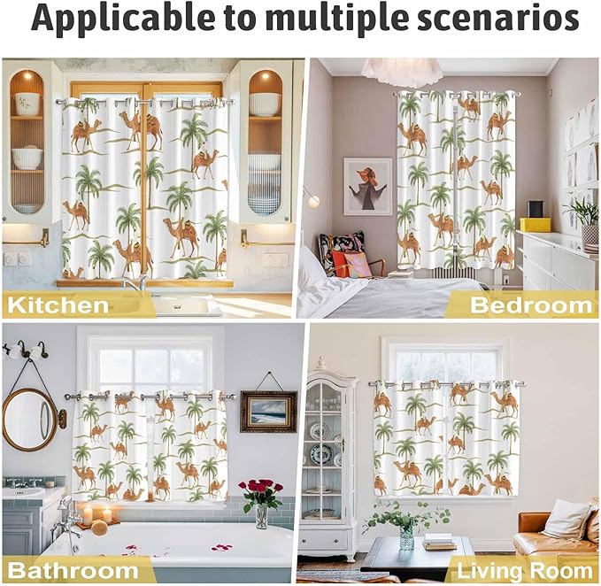 2 Panel Kitchen Cafe Curtains, Desert Camels Sunlight Filtering Nature Air Through, Home Decor Window Covering Tier Curtains for Bedroom Living Room 104W x 96L inch Tropical Date Palm Trees Animal