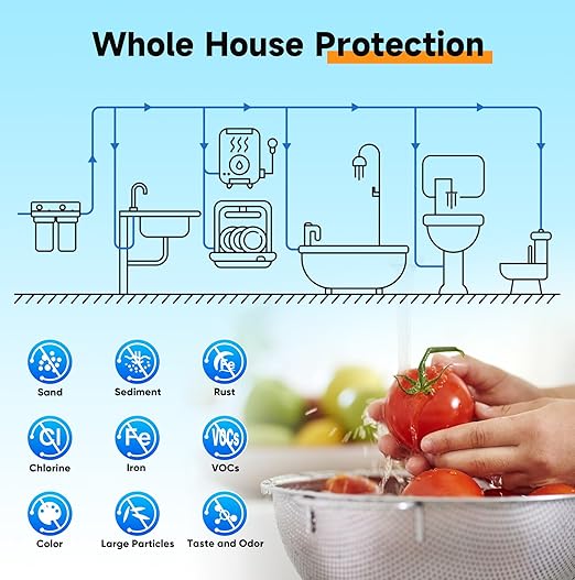 PUREPLUS 2-Stage Whole House Water Filtration System, Reduces Iron, Manganese, Chlorine & Odor, 10" x 4.5" Blue Housings, 1" Inlet/Outlet, RFN Iron & Certified CTO Carbon Filters