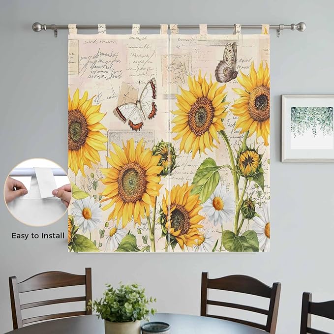 Yellow Sunflowers Bathroom Curtains 63 Inch Length, Window Curtains Tab Top, Country Farm Butterfly Flower Light Beige Light Filtering Window Treatments Drapes 52"x63" 2 Panel