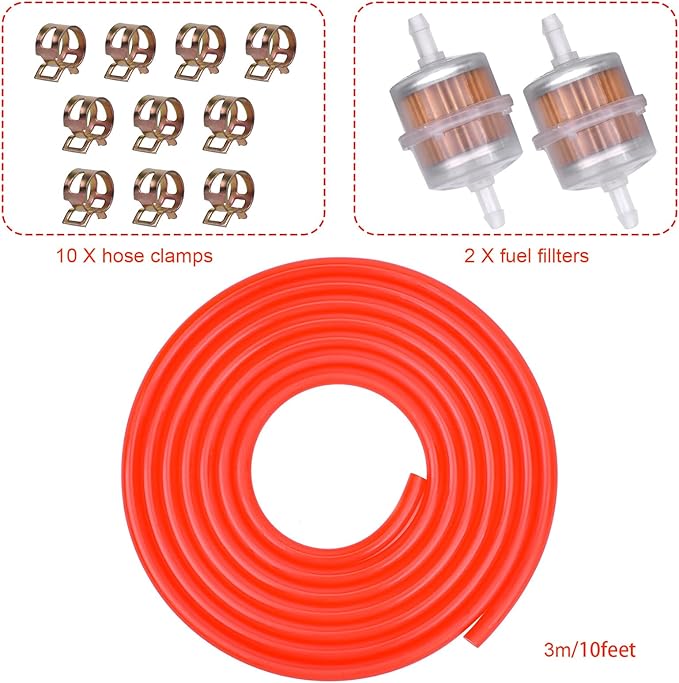 3/16 Fuel Line red 10 FT + 2Pcs Fuel Filter + 10Pcs Clamp for Honda Predator Mini Bike ATV Mowing Machine Snow Machine Small Engines GX160 GX120 GX100 GX200 GX390