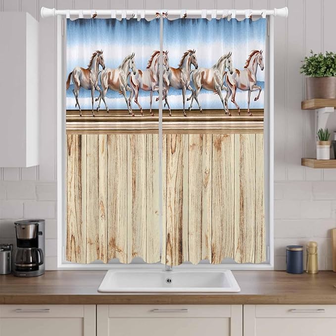 Western Horse Living Room Curtains 84 Inch Length, Window Curtains Tab Top, Farmhouse Wooden Grain Vintage Cowboy Barn Door Light Filtering Window Treatments Drapes 52"x84" 2 Panel