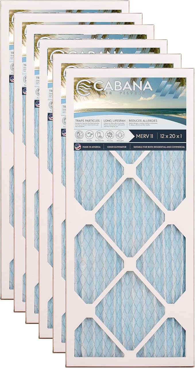 Cabana Filters 6-Pack 12x20x1 MERV 11 AC Furnace Air Filter for Home and Office - Indoor HVAC System Filtration Replacement, Captures Unwanted Particles