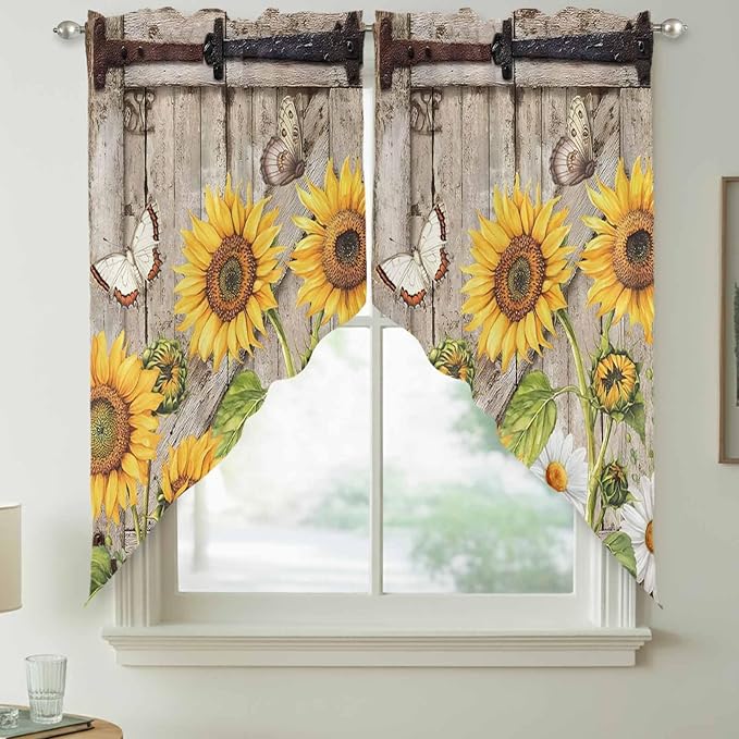 Farmhouse Sunflowers Swag Valances for Windows, Rustic Barn Doors Flowers Butterfly Wooden Rod Pocket Kitchen Curtains Valance, Kitchen Window Curtains Swag for Cafe Living Room, 2 Panels, 36x63 inch