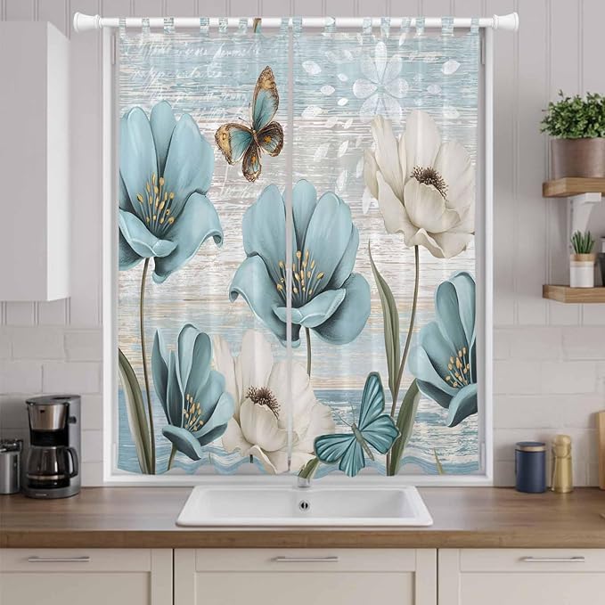 Spring Floral Living Room Curtains 96 Inch Length, Window Curtains Tab Top, Vintage Tulips Flower Butterfly Retro Wood Blue Light Filtering Window Treatments Drapes 52"x96" 2 Panel