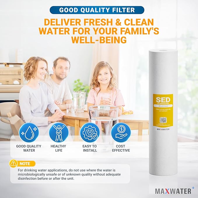 Max Water 5 Micron 20 x 4.5 Sediment Filter 20 inch Whole House BB Water Filtration System Replacement Compatible Cartridge DGD-5005-20, FP25B, AP810-6, FPMB5-20, P5-20, 155358-43, 4-Pack