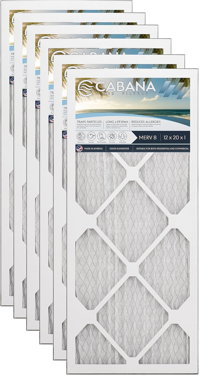 Cabana Filters 6-Pack 12x20x1 MERV 8 AC Furnace Air Filter for Home and Office - Indoor HVAC System Filtration Replacement, Captures Unwanted Particles