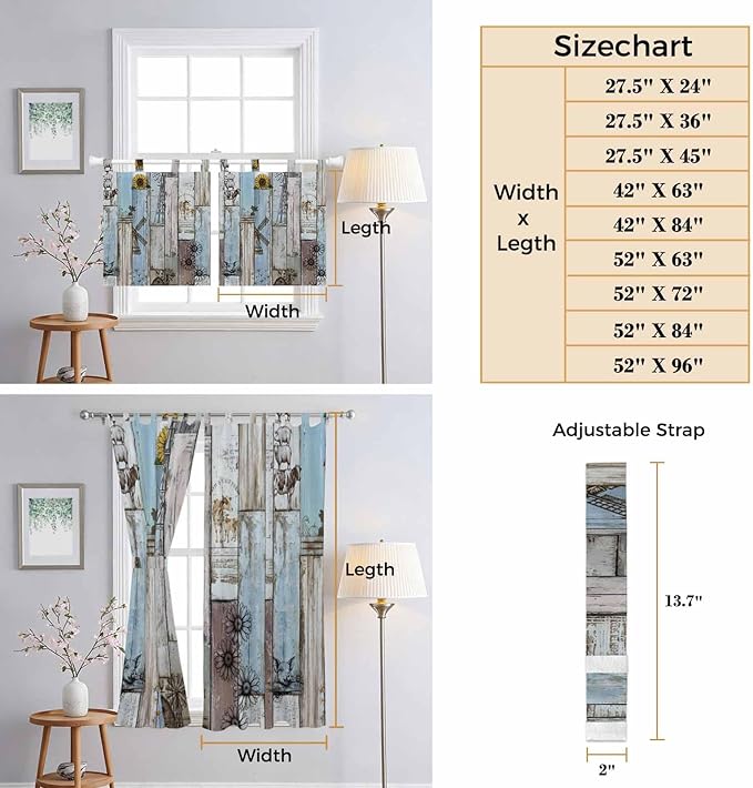 Blue Grey Wooden Living Room Curtains 96 Inch Length, Window Curtains Tab Top, Farmhouse Barn Sunflowers Retro Light Filtering Window Treatments Drapes 52"x96" 2 Panel