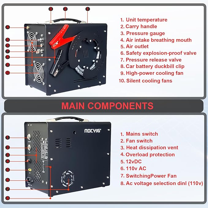 Pcp Air Compressor,Built-in Converter/Water-Oil Filter,Auto Stop,Oil/Water Free,Unique Vertical+Wire Spool Portable Design,Powered by Car 12V DC or Home 110V AC for Paintball/Scuba Tank
