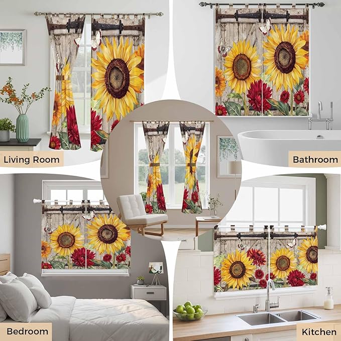 Sunflowers Living Room Curtains 84 Inch Length, Window Curtains Tab Top, Retro Flower Barn Doors Butterfly Farmhouse Brown Light Filtering Window Treatments Drapes 52"x84" 2 Panel