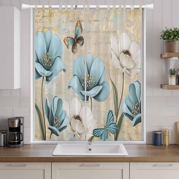Spring Flowers Living Room Curtains 96 Inch Length, Window Curtains Tab Top, Vintage Rustic Tulips Floral Butterfly Khaki Light Filtering Window Treatments Drapes 52"x96" 2 Panel