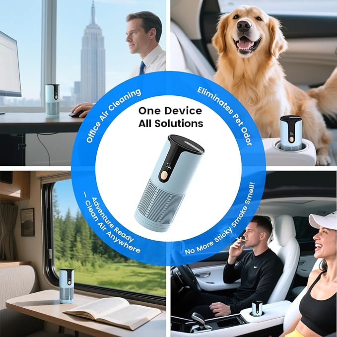 Mini Car Air Purifier-Cordless True HEPA Portable Small Air Purifier, LCD Display&15dB Quiet,Filters 99.97% of Smoke/Dust/Pet Odors,for Cars/Office/Travel (Light Green）