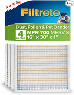 Filtrete 16x30x1 AC Furnace Air Filter, MPR 700, MERV 8, Tough on Pollen, Easy on Airflow, 3-Month Pleated 1-Inch Electrostatic Air Cleaning Filter, 4-Pack (Actual Size 15.81 x 29.81 x 0.81 in)