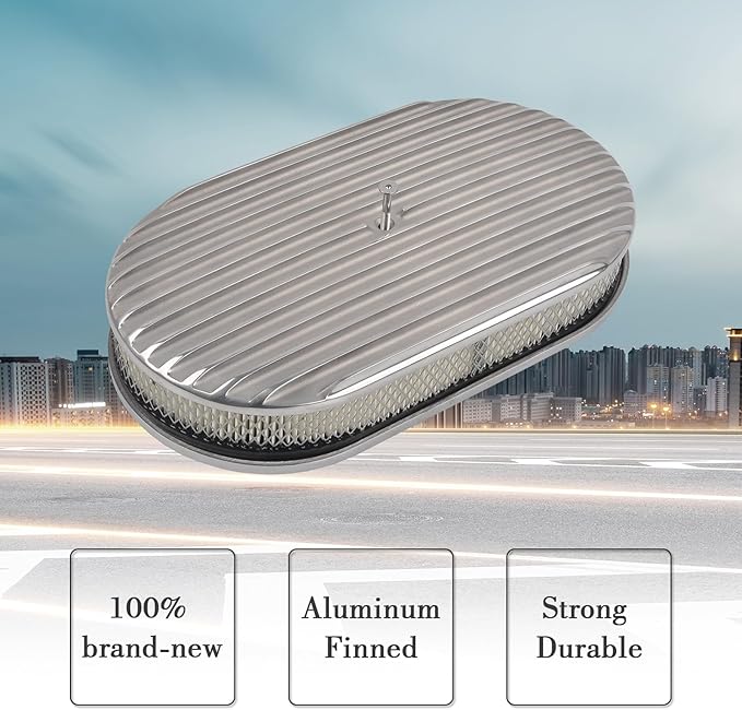 15" Air Cleaner Kit Polished Aluminum Oval Full Finned Retro Compatible with Classic Chevy Ford