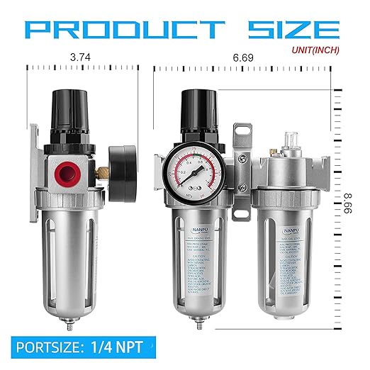 NANPU 1/4" NPT Air Filter Pressure Regulator Lubricato Dryer Gauge Kit Water/Oil Trap Separator 3 in 1 Twin Unit