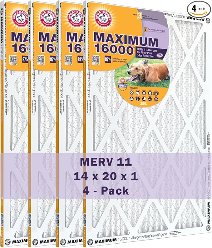 Arm & Hammer Max Allergen & Odor Reduction 14x20x1 Air and Furnace Filter, MERV 11, 4-Pack, White