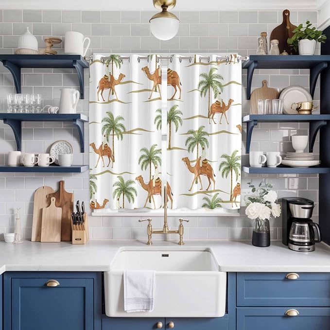 2 Panel Kitchen Cafe Curtains, Desert Camels Sunlight Filtering Nature Air Through, Home Decor Window Covering Tier Curtains for Bedroom Living Room 80W x 63L inch Tropical Date Palm Trees Animal