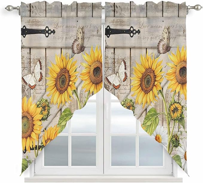 Farm Flowers Swag Valances for Windows, Retro Sunflowers Barn Doors Butterfly Wood Board Rod Pocket Kitchen Curtains Valance, Small Window Curtains Swag for Cafe Living Room, 2 Panels, 36x36 inch
