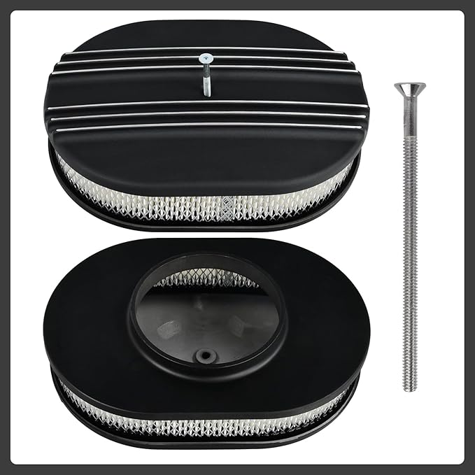 12" Air Cleaner Kit Oval Half Finned Black Aluminum Compatible with Classic Chevy Ford