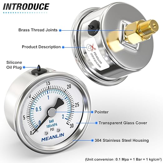 MEANLIN MEASURE 0~30Psi Dry Low Pressure Gauge Stainless Steel 1/8" NPT 2" FACE DIAL Waterproof for Pool Sand Filter Water Oil Air Pressure Test Back Mount, with 1/4" NPT and 3/8" NPT Hex Bushing