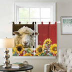 Sheep Flowers Bedroom Curtains 63 Inch Length, Window Curtains Tab Top, Country Red Barn Botanical Sunflowers Light Filtering Window Treatments Drapes 42"x63" 2 Panel