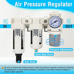 Air Pressure Regulator 3/8 NPT Auto Drain and Semi-Auto Drain Double Air Filters, Air Compressor Water Separator 0-150PSI, Air Drying System, Polycarbonate Bowl