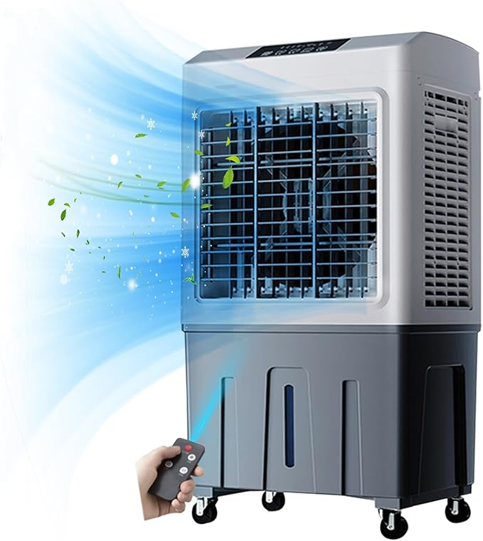 Portable Evaporative Air Cooler with 4 Wheels, Large Water Tank, Wide Oscillation, Multiple Speeds for Large Room Cooling