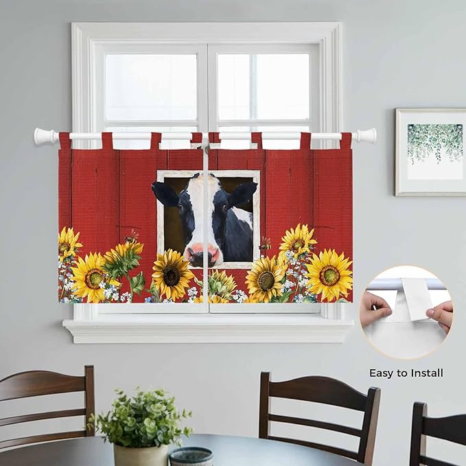 Cow Sunflowers Kitchen Curtains 36 Inch Length, Small Window Curtains Tab Top, Botanical Floral Leaves Bees Farm Barn Light Filtering Short Window Treatments Tier Drapes 27.5"x36" 2 Panel