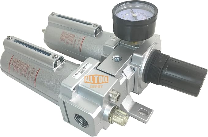 1/2" NPT HEAVY DUTY Compressed Air In Line Filter Regulator Lubricator Oiler Combo Piggyback, Metal Bowl, 5 Micron Element, Adjustable From 7 to 215 PSI (MANUAL DRAIN)
